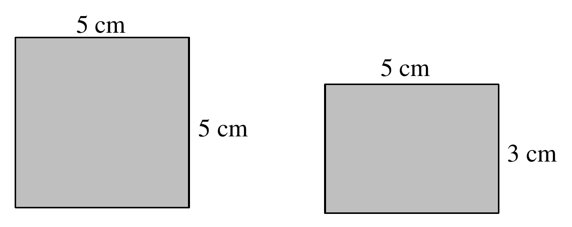Dwie ściany prostopadłościanu: kwadrat 5 cm na 5 cm i prostokąt 5 cm na 3 cm