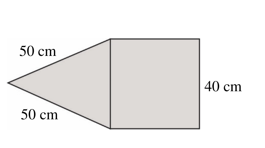 Fragment siatki ostrosłupa prawidłowego czworokątnego: bok podstawy 40 cm, krawędzie boczne 50 cm.