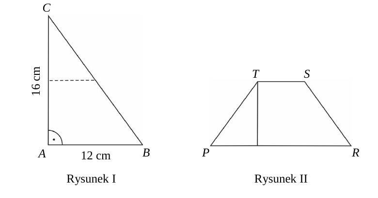 Rysunek I: trójkąt prostokątny o przyprostokątnych 12 cm i 16 cm, z linią przerywaną. Rysunek II: trapez ułożony z dwóch części trójkąta.
