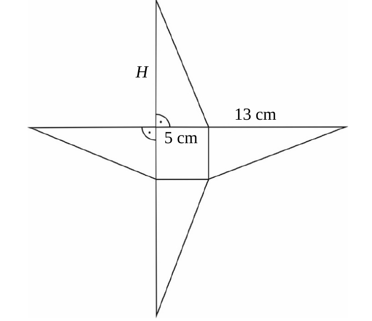 Siatka ostrosłupa o kwadratowej podstawie, z bokiem podstawy 5 cm, krawędzią 13 cm i wysokością H