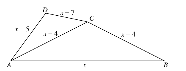 Czworokąt ABCD podzielony na dwa trójkąty, z bokami opisanymi wyrażeniami algebraicznymi