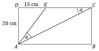 Prostokąt ABCD podzielony na trójkąty AED, ACE i ABC, z bokami długości 15 cm i 20 cm oraz dwoma kątami alfa